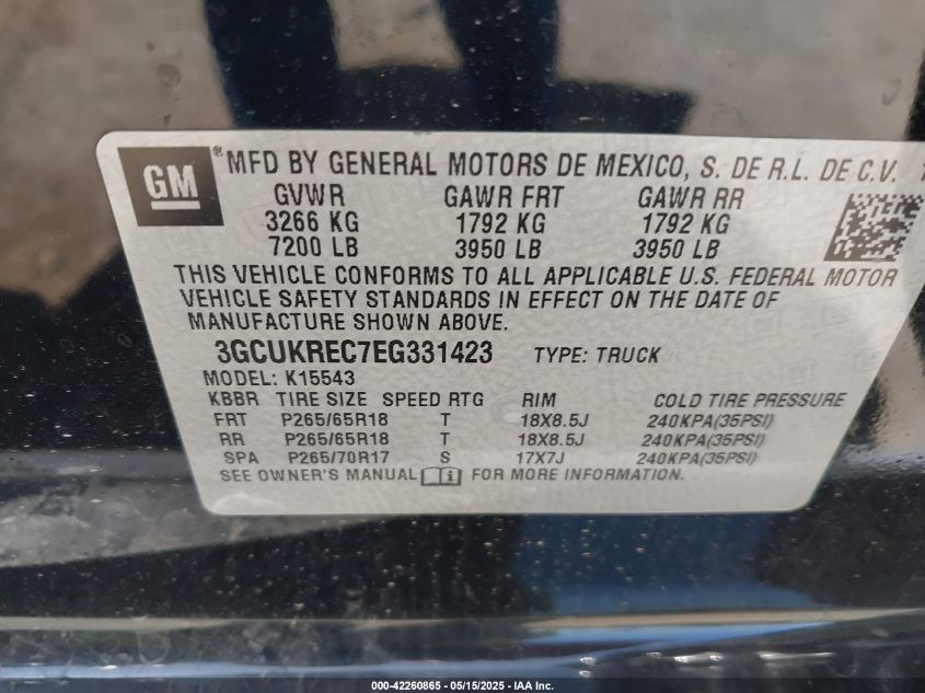 2014 Chevrolet Silverado 1500 2Lt VIN: 3GCUKREC7EG331423 Lot: 42260865