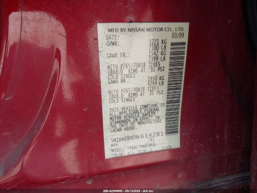 2009 Nissan Armada Se VIN: 5N1BA08D09N614281 Lot: 42260900