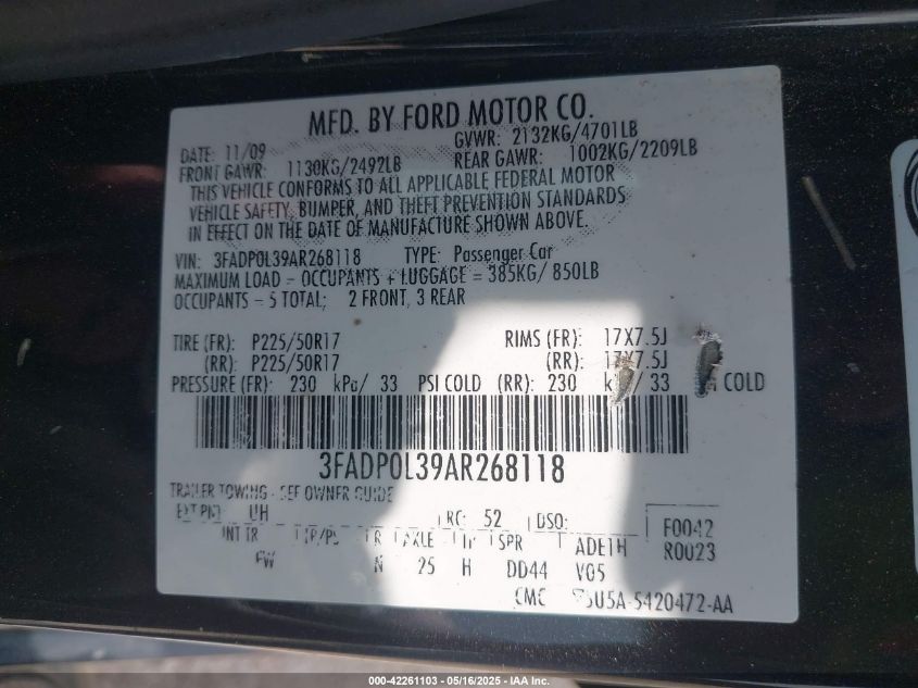 2010 Ford Fusion Hybrid VIN: 3FADP0L39AR2681J8 Lot: 42261103