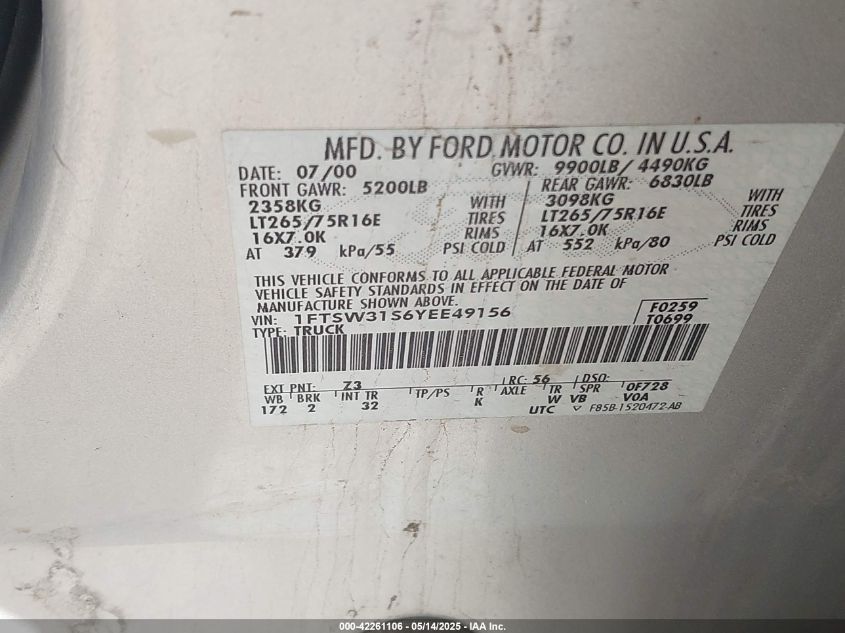 2000 Ford F350 Srw Super Duty VIN: 1FTSW31S6YEE49156 Lot: 42261106