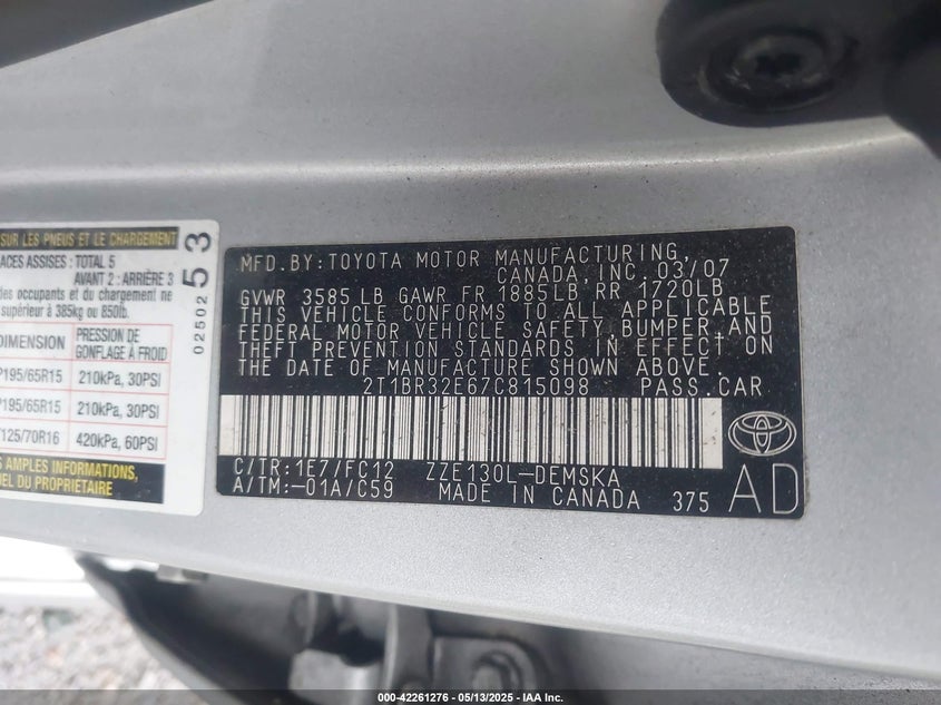 2007 TOYOTA COROLLA VIN: 2T1BR32E67C815098