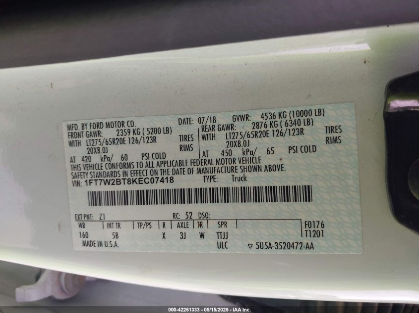 2019 Ford F-250 - 1FT7W2BT8KEC07418