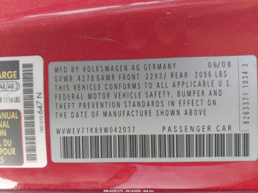 2009 Volkswagen Gti 2-Door VIN: WVWEV71K89W042037 Lot: 42261378