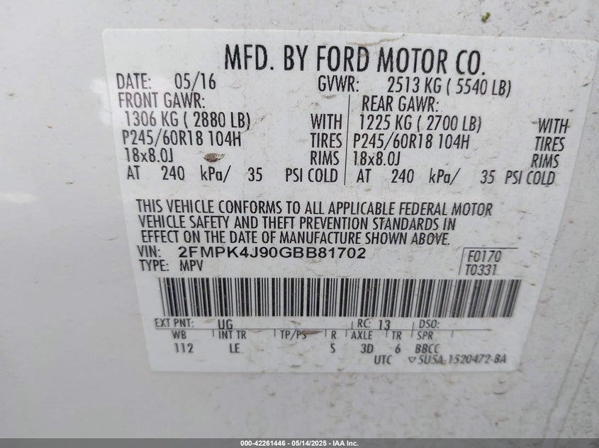 2016 FORD EDGE VIN: 2FMPK4J90GBB81702