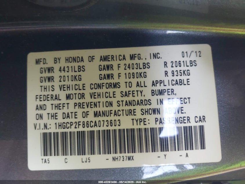 2012 HONDA ACCORD VIN: 1HGCP2F86CA073603