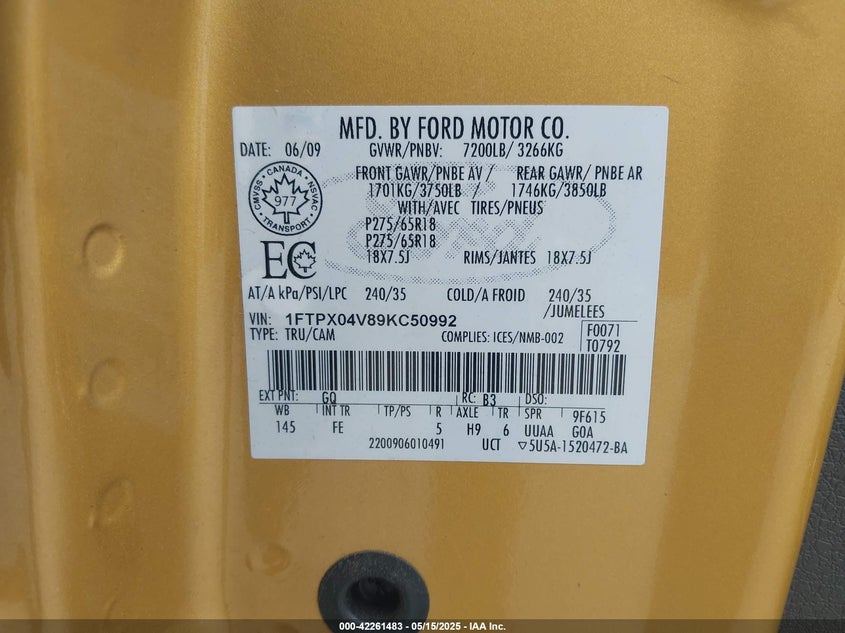 2009 FORD F-150 VIN: 1FTPX04V89KC50992