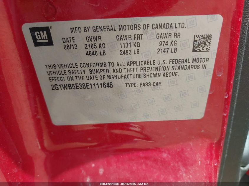 2014 Chevrolet Impala Limited Lt VIN: 2G1WB5E38E1111646 Lot: 42261668