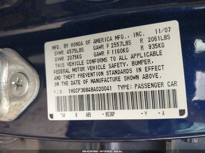 2008 HONDA ACCORD VIN: 1HGCP36848A020041