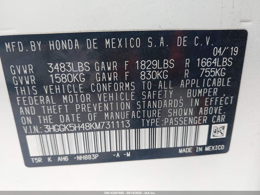 2019 HONDA FIT VIN: 3HGGK5H48KM731113