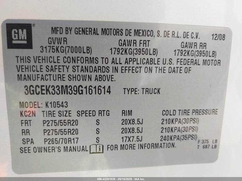 2009 CHEVROLET SILVERADO 1500 VIN: 3GCEK33M39G161614
