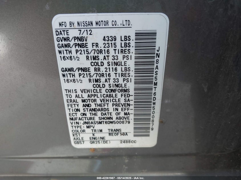 2013 NISSAN ROGUE VIN: JN8AS5MT6DW500879