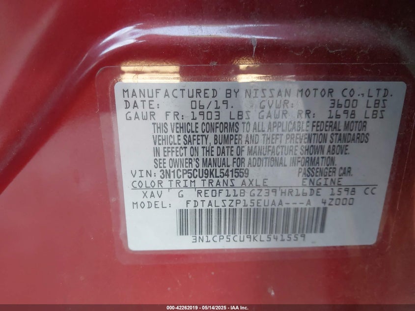2019 NISSAN KICKS VIN: 3N1CP5CU9KL541559
