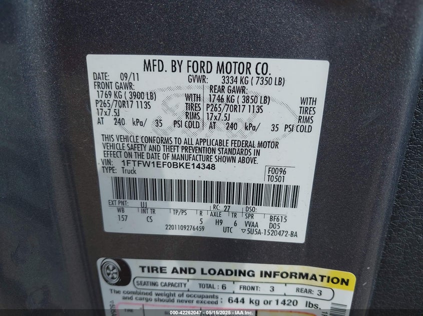 2011 FORD F-150 VIN: 1FTFW1EF0BKE14348