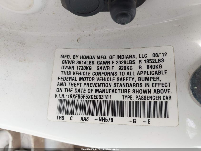 2012 Honda Civic Natural Gas VIN: 19XFB5F5XCE003181 Lot: 42262088