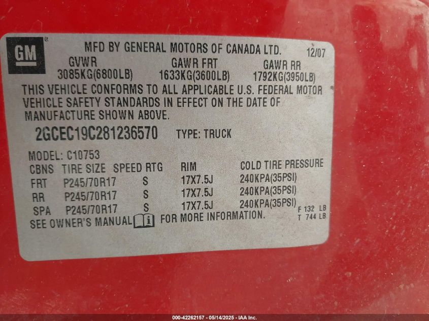 2008 Chevrolet Silverado 1500 Lt1 VIN: 2GCEC19C281236570 Lot: 42262157