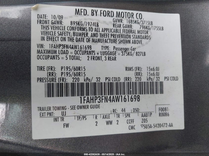 2010 FORD FOCUS VIN: 1FAHP3FN4AW161698