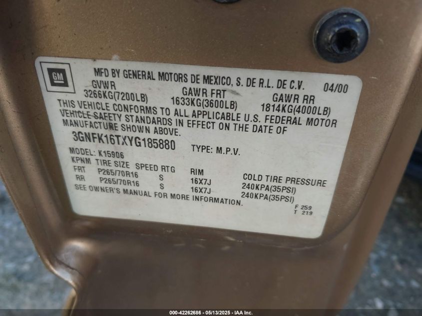 2000 Chevrolet Suburban 1500 Lt VIN: 3GNFK16TXYG185880 Lot: 42262686