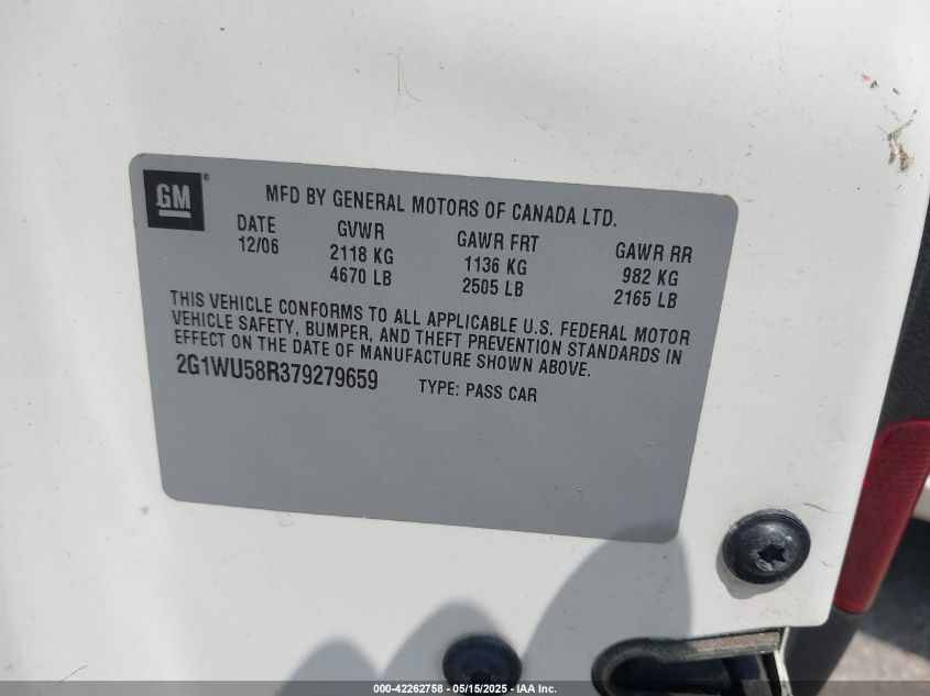 2007 Chevrolet Impala Ltz VIN: 2G1WU58R379279659 Lot: 42262758