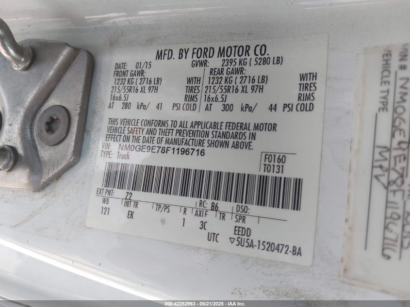 2015 Ford Transit Connect Xl VIN: NM0GE9E78F1196716 Lot: 42262963