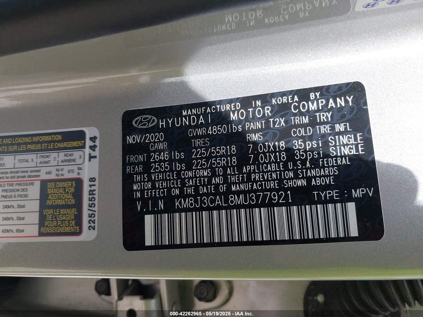2021 HYUNDAI TUCSON VIN: KM8J3CAL8MU377921
