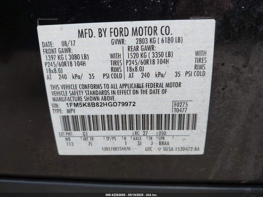 2017 FORD EXPLORER VIN: 1FM5K8B82HGD79972