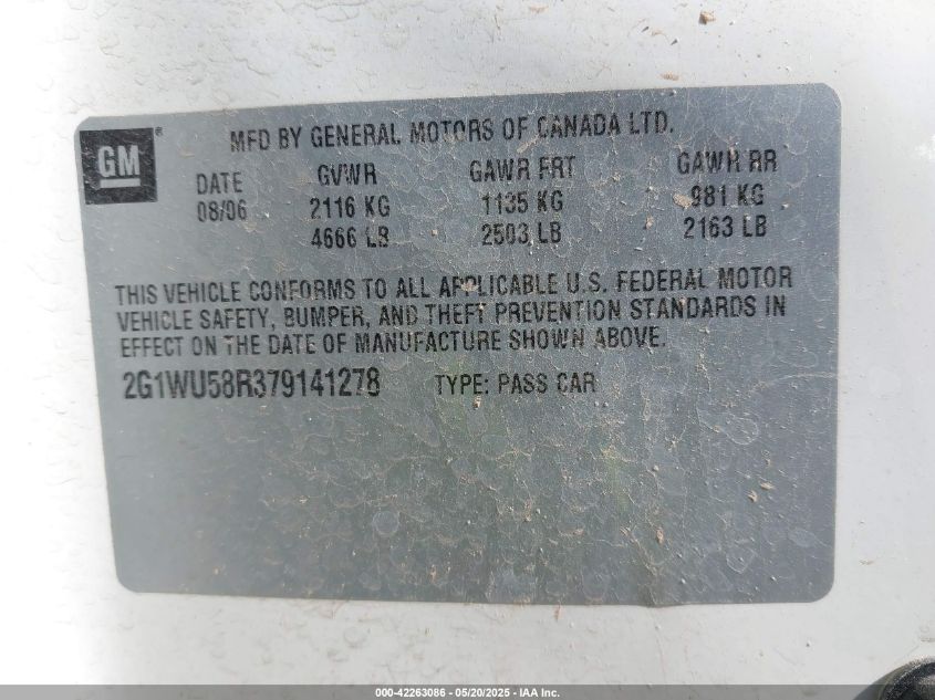 2007 Chevrolet Impala Ltz VIN: 2G1WU58R379141278 Lot: 42263086