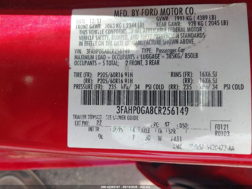 2012 Ford Fusion S VIN: 3FAHP0GA8CR256149 Lot: 42263107