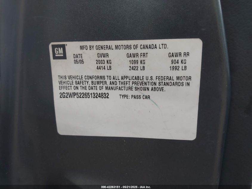 2005 Pontiac Grand Prix VIN: 2G2WP522651324832 Lot: 42263151