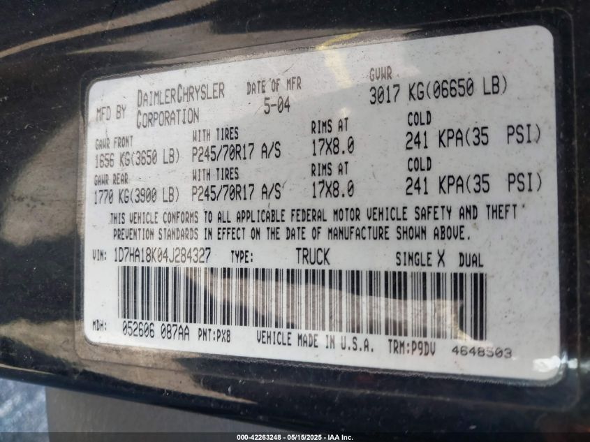 2004 Dodge Ram 1500 St VIN: 1D7HA18K04J284327 Lot: 42263248