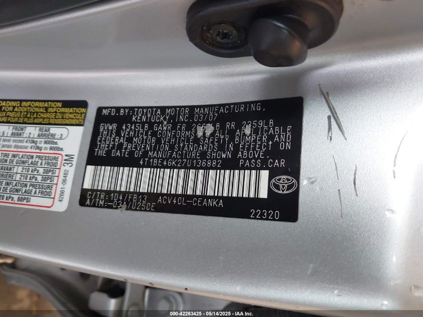 2007 Toyota Camry Ce VIN: 4T1BE46K27U136882 Lot: 42263425