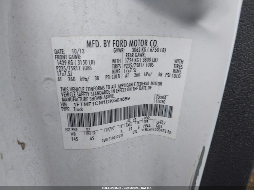 2013 FORD F-150 VIN: 1FTMF1CM1DKG03859