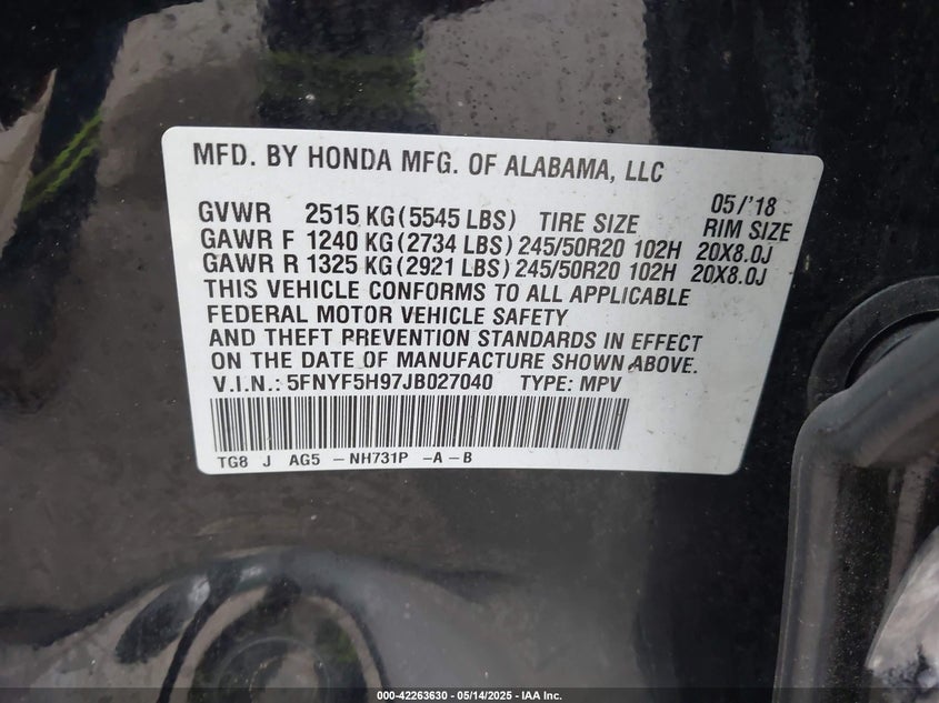 2018 HONDA PILOT VIN: 5FNYF5H97JB027040