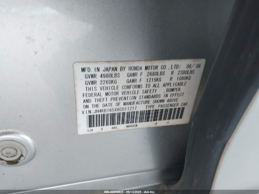 2006 Acura Rl 3.5 VIN: JH4KB165X6C011217 Lot: 42263633