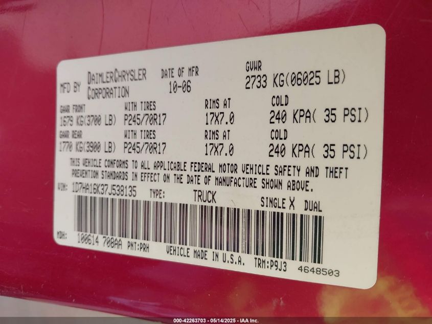 2007 Dodge Ram 1500 St VIN: 1D7HA16K37J538135 Lot: 42263703