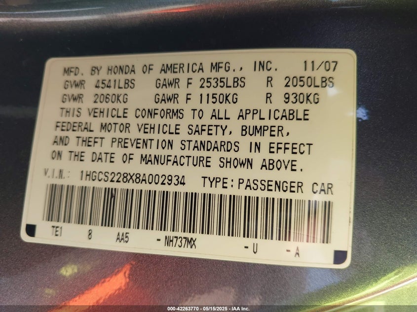 2008 HONDA ACCORD VIN: 1HGCS228X8A002934