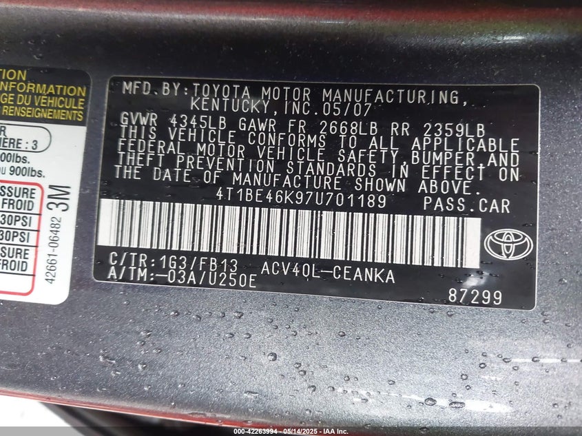 2007 TOYOTA CAMRY VIN: 4T1BE46K97U701189