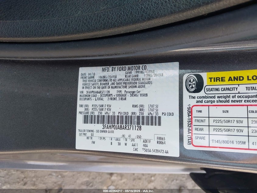 2010 FORD FUSION VIN: 3FAHP0JA8AR371128