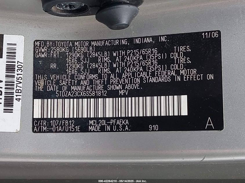 2006 Toyota Sienna Ce VIN: 5TDZA23CX6S581812 Lot: 42264218