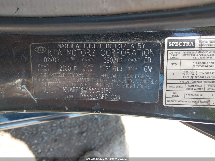 2005 Kia Spectra5 VIN: KNAFE161655149182 Lot: 42264344