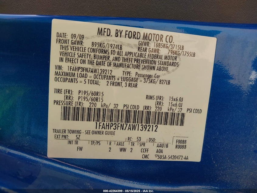 2010 FORD FOCUS VIN: 1FAHP3FN7AW139212
