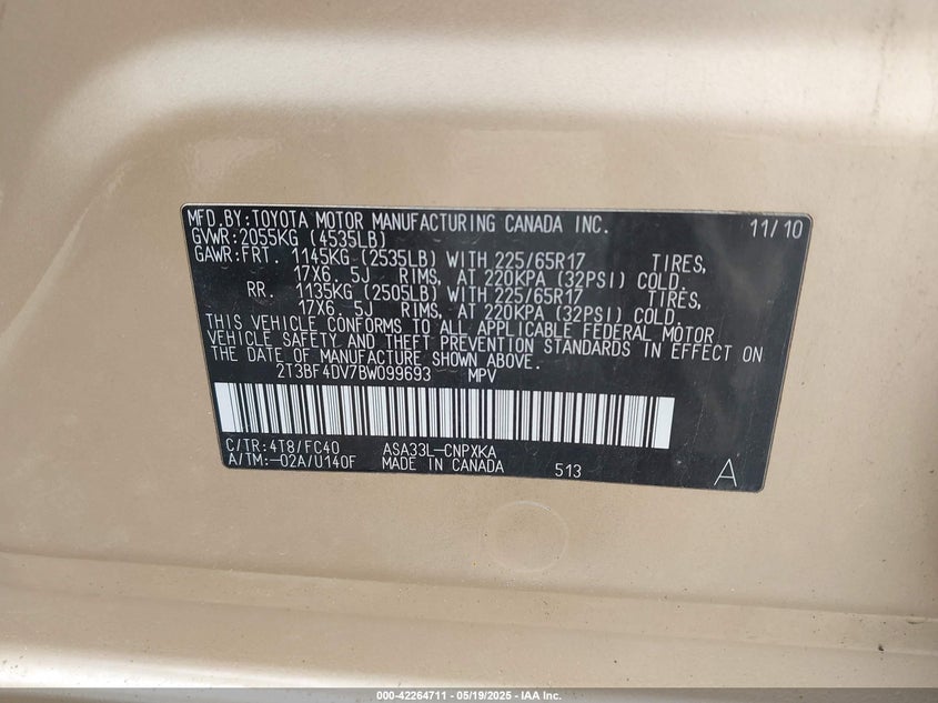 2011 TOYOTA RAV4 VIN: 2T3BF4DV7BW099693