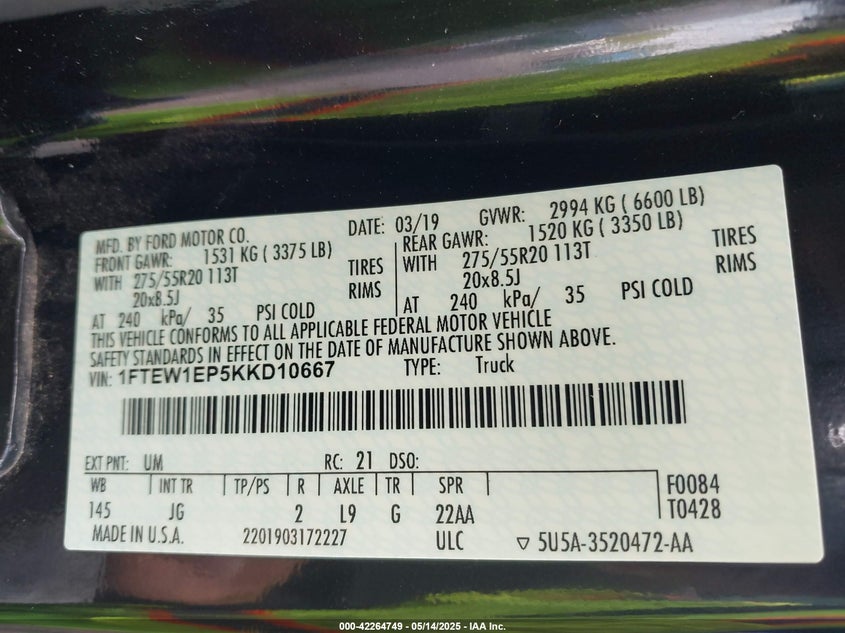 2019 FORD F-150 VIN: 1FTEW1EP5KKD10667