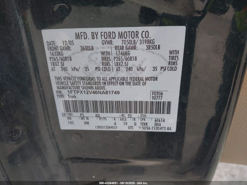 2006 Ford F-150 Lariat/Xl/Xlt VIN: 1FTPX12V46NA81749 Lot: 42264851