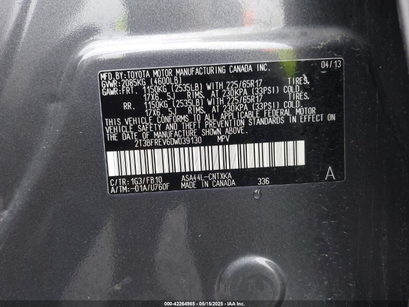 2011 Toyota Rav4 VIN: 2T3BF4DV0BW167526 Lot: 42264985