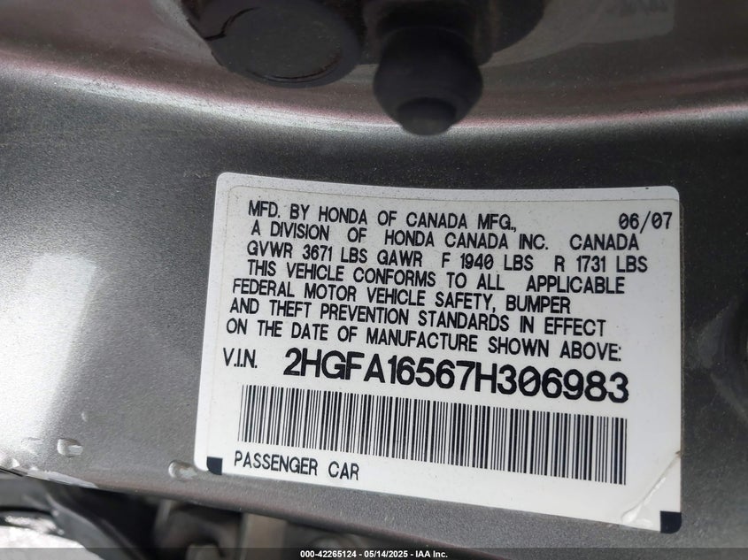 2007 HONDA CIVIC VIN: 2HGFA16567H306983