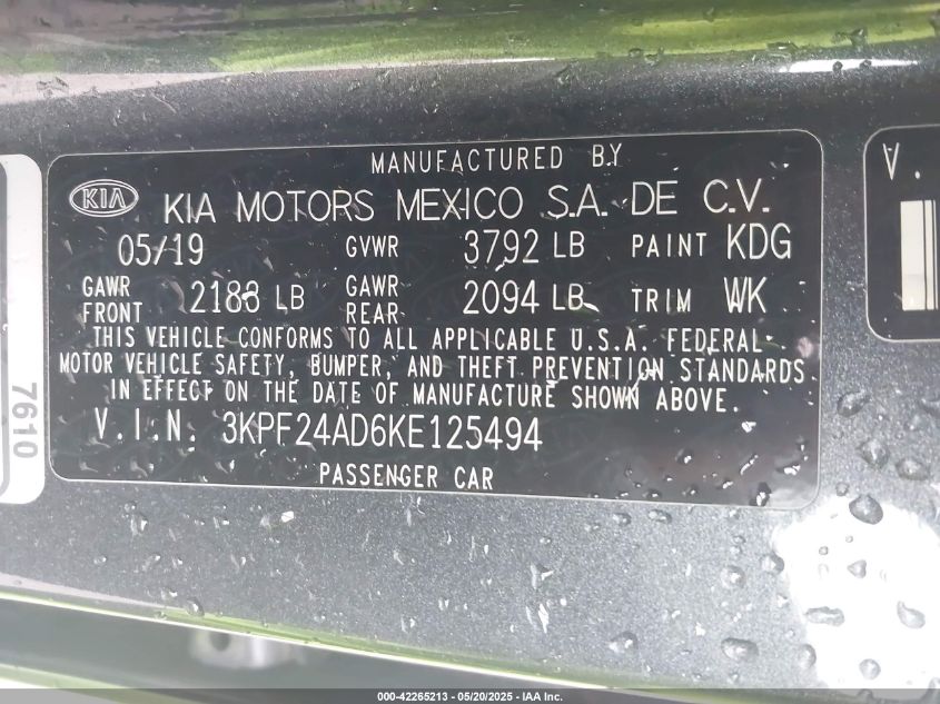 2019 Kia Forte Lxs VIN: 3KPF24AD6KE125494 Lot: 42265213