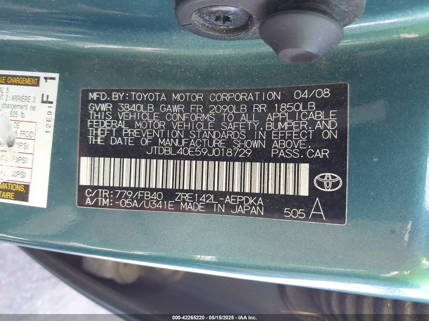 2009 TOYOTA COROLLA VIN: JTDBL40E59J018729