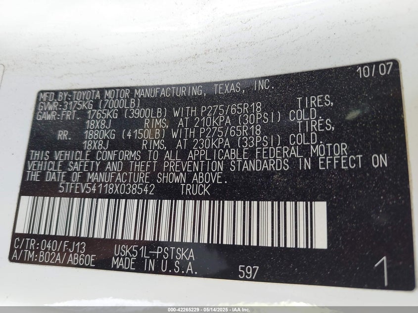 2008 TOYOTA TUNDRA VIN: 5TFEV54118X038542