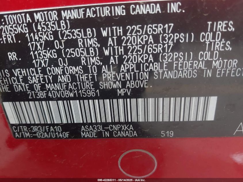 2011 Toyota Rav4 VIN: 2T3BF4DV0BW115961 Lot: 42265311