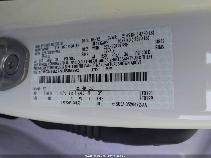 2022 Ford Escape Se Hybrid VIN: 1FMCU9BZ7NUB06992 Lot: 42265338